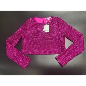 Walter Baker Top Women's Small Pink Sequin Megan Cropped‎ Long Sleeve Crew Neck